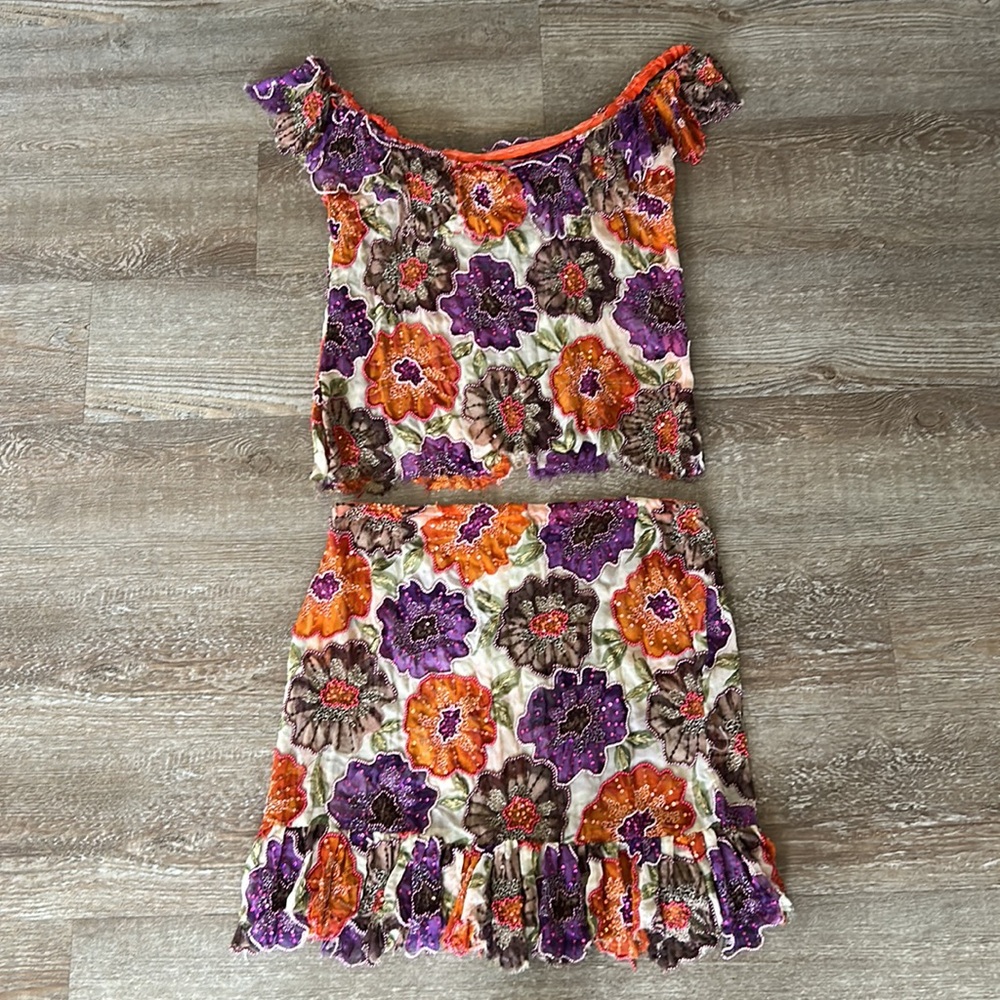 Floral Beaded Top and Mini Skirt set